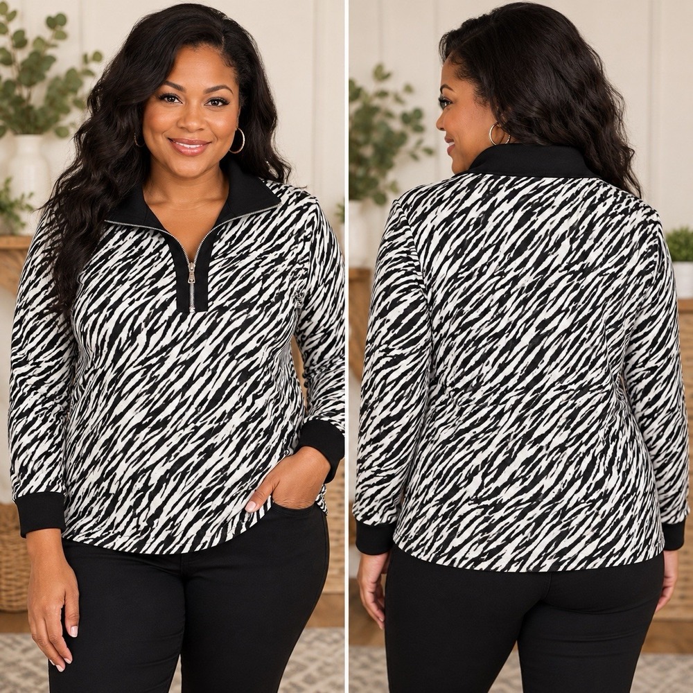 Ruby Rd Women's Medium Top Zebra Print Quarter Zip Y2K Animal Retro Safari Bold